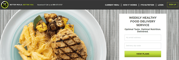 Factor 75 website screenshot showing a plate of food that includes chicken, veggies and pasta. 