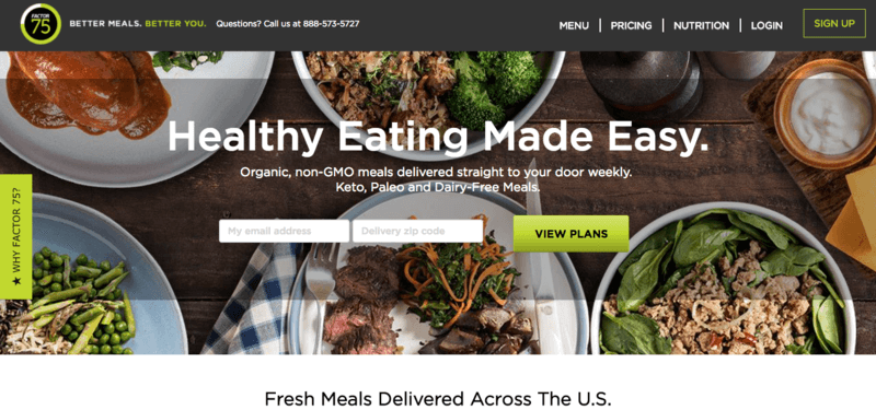 Factor 75 Website screenshot showing 5 meals that contain meat and veggies