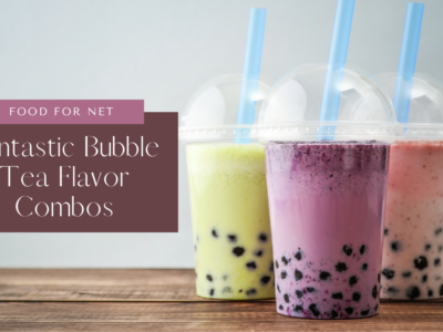 Three plastic mugs of bubble tea with straws, each in a different color, highlighting some of the best bubble tea flavor combinations