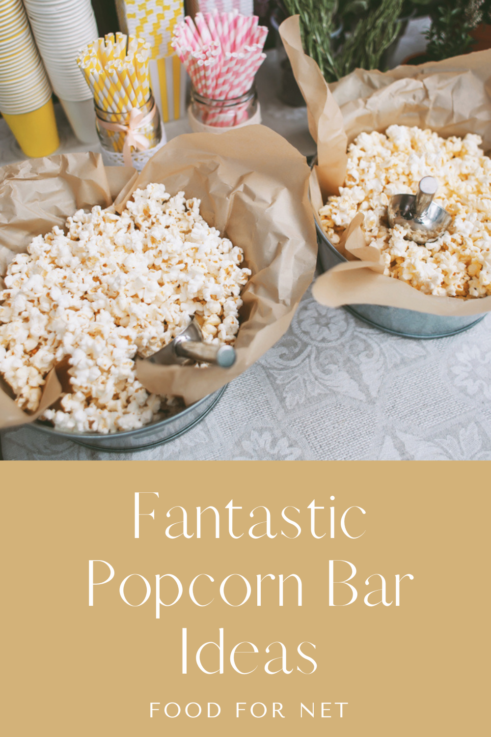 A popcorn bar with large containers of popcorn, looking at popcorn bar ideas