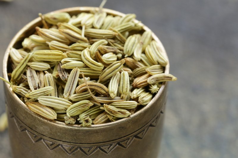 closeup image of a metal container full of fennel seeds