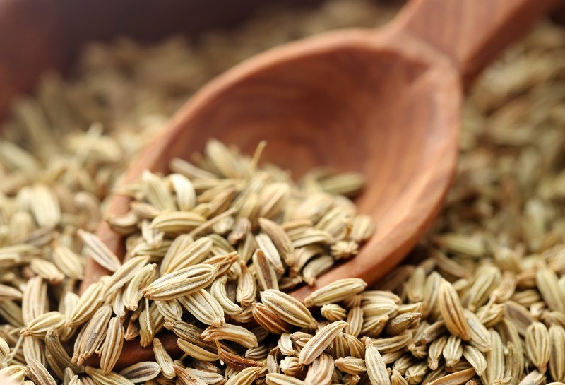 Closeup image of fennel seeds with a wooden scoop.