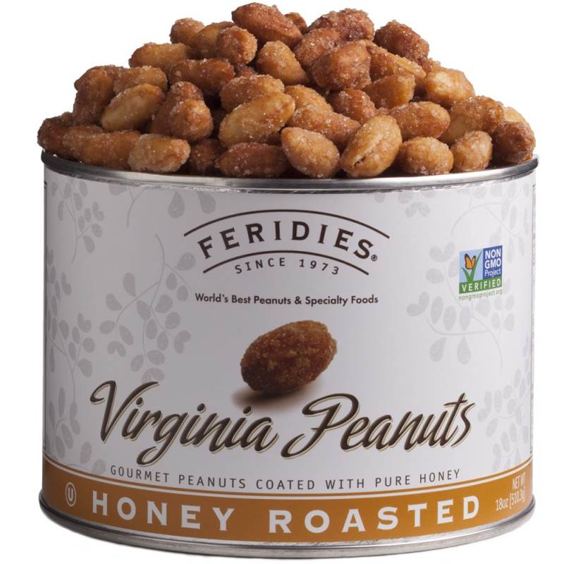 Feridies Canister of nuts overflowing with honey roasted peanuts- The label says Feridies Since 1973- World's Best Peanuts & Specialty Foods - Virginia Peanuts - Gourmet Peanuts coated with pure honey - Honey Roasted 