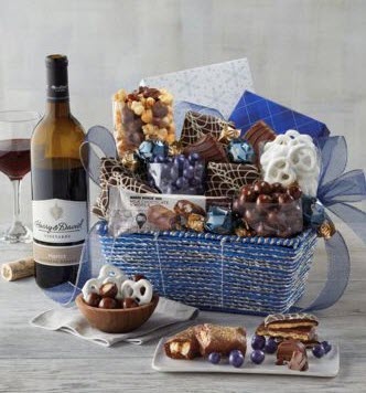 Festive Gift Basket With Wine | Food For Net Blue and white gift basket with pretzels and chocolate