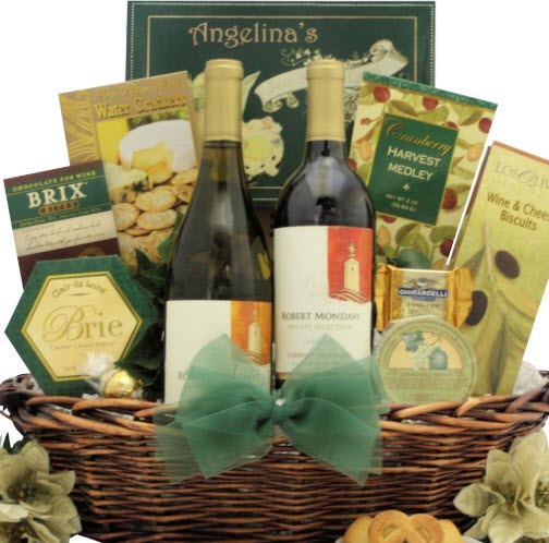 Festive Holidays Duet Gourmet Wine Gift Basket | Food For Net Basket with yellow and green coloring