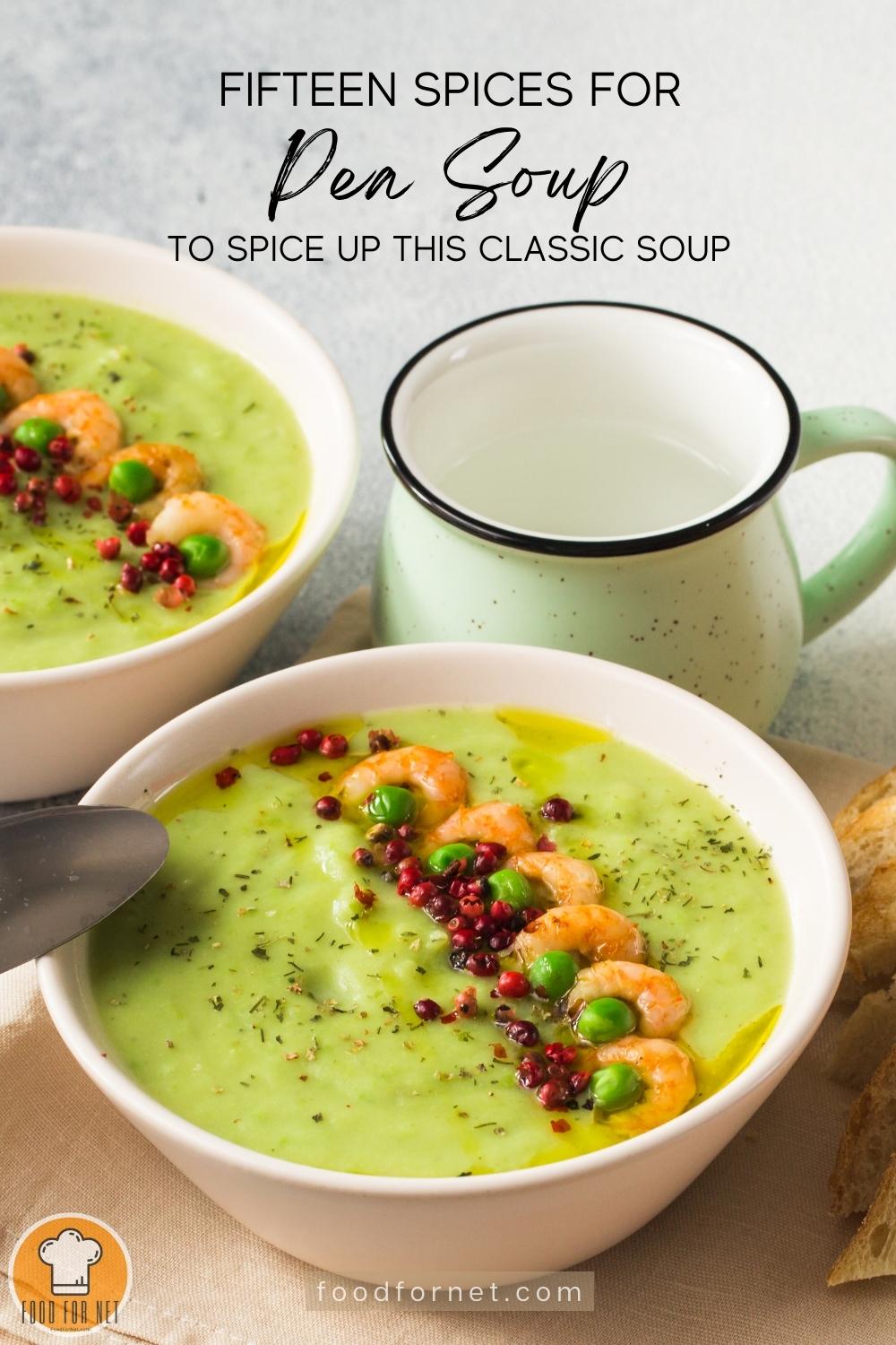 Spices for Pea Soup. a couple of white bowl with pea soup topped with shrimp, peas, and red toppings with a white and pale green mug beside it