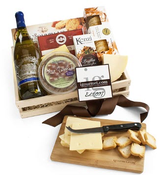 Fine Chardonnay And Fresh Cheese Gift Basket | Food For Net A grate containing cheese, wine and crackers