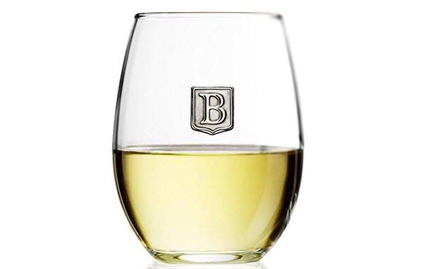 Fine Occasion Stemless Wine Glass With Letter Crest | Food For Net Stemless wine glass with white wine and a B monogram