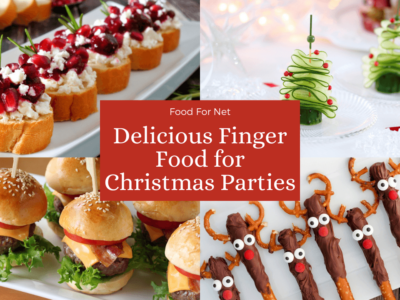 Four types of Christmas finger food, including pretzel sticks with chocolate, cucumber Christmas trees, mini burgers, and Christmas appetizers