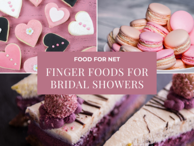 Three types of finger foods for bridal showers, including cookies, macarons, and cheesecake