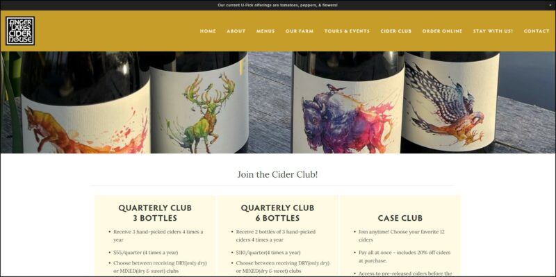 screenshot of Finger Lakes Cider House Cider Club's web page, black announcement bar on top followed by a gold header banner with the website's name and main menu, underneath it is an image banner of the different cider bottles, page is displaying the details of the different cider club subscription plan.