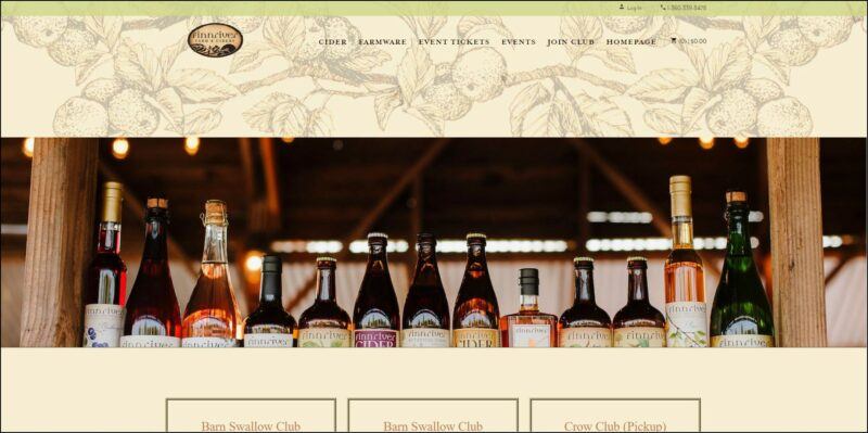 screenshot of FinnRiver Farm & Cidery Cider Club's web page, with an apple green announcement bar on top followed by the website's log and main menu against a light brown background with sketches of apple tree branches and fruits, underneath is an image banner of the different bottles of ciders followed with the details of the different cider club subscription plans.