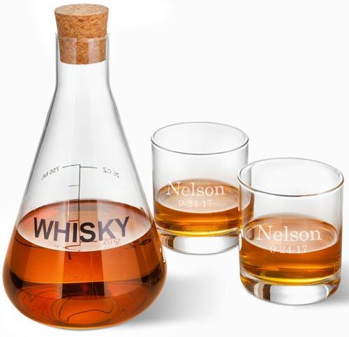Flask Whiskey Decanter And Glasses Set | Food For Net Whiskey decanter shaped like a chemical flask with two engraved glasses