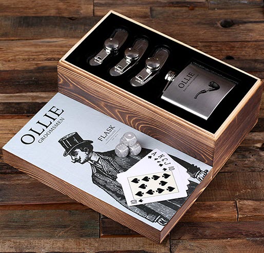 Flasks With Poker Cards | Food For Net Wooden box with four flasks, dice and cards.