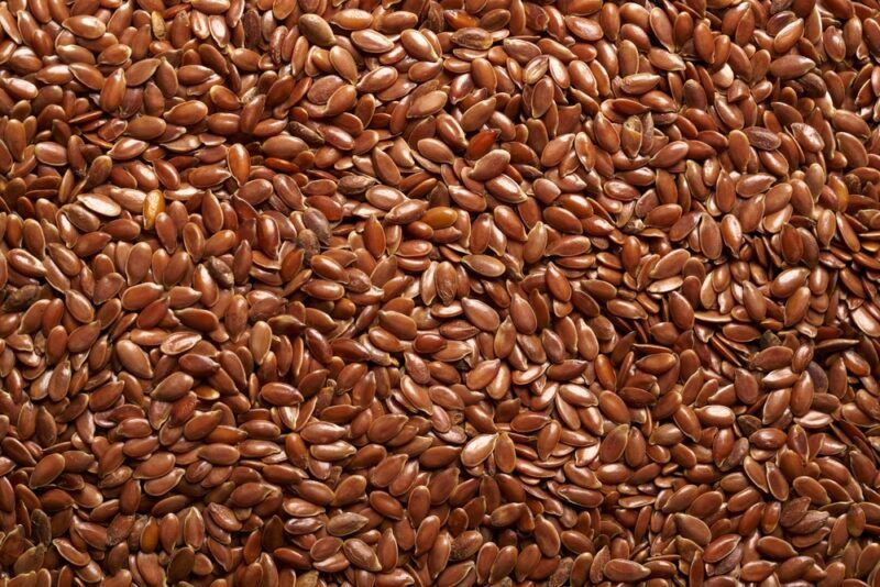 This photo shows a closeup of several brown flax seeds.