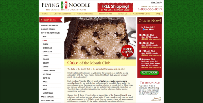 screenshot of Flying Noodle Cake of the Month Club's web page with green gradient background, the main content area bears the white header with the website's name/logo and other info followed by a light yellow banner with the main navigation menu, the page mainly displays the details of the club subscription accompanied by a closeup image of a cake