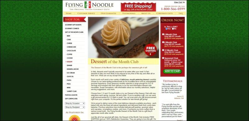 screenshot of Flying Noodle Dessert of the Month Club's web page, gradient dark green background with mainly beige and white center block bearing the website's name and information about the dessert of the month club details