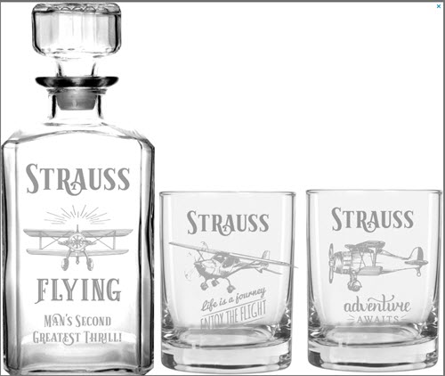 Flying Whiskey Decanter And Glasses | Food For Net Decanter and 2 glasses with planes and the word Strauss
