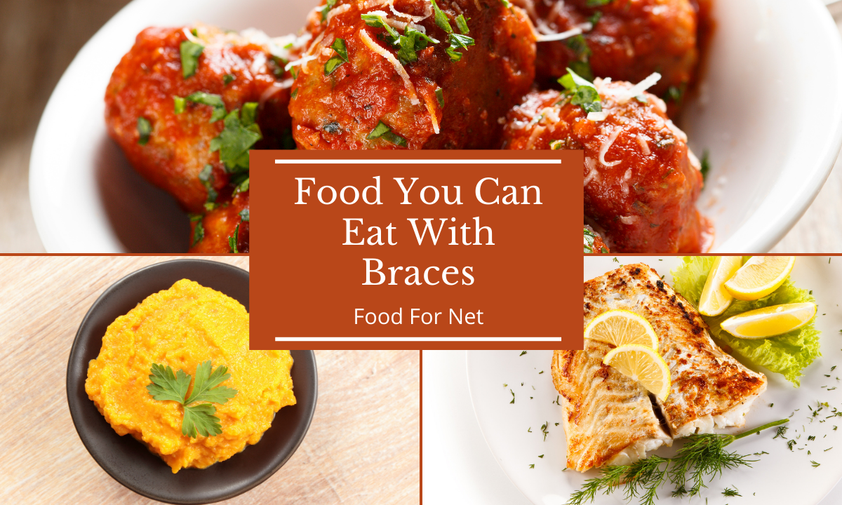 Three types of soft foods that can be eaten with braces, including mashed carrots, fish, and meatballs