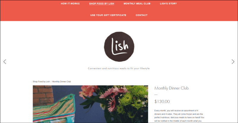 screenshot of Food by Lish Monthly Dinner Club's web page, dominantly white with orange top bar menu followed by the website's logo, underneath it is the detail of the monthly dinner club accompanied by an image of the dinner deliveries