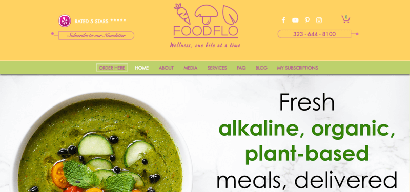 foodflo meals website screenshot showing a green soup with various vegetables