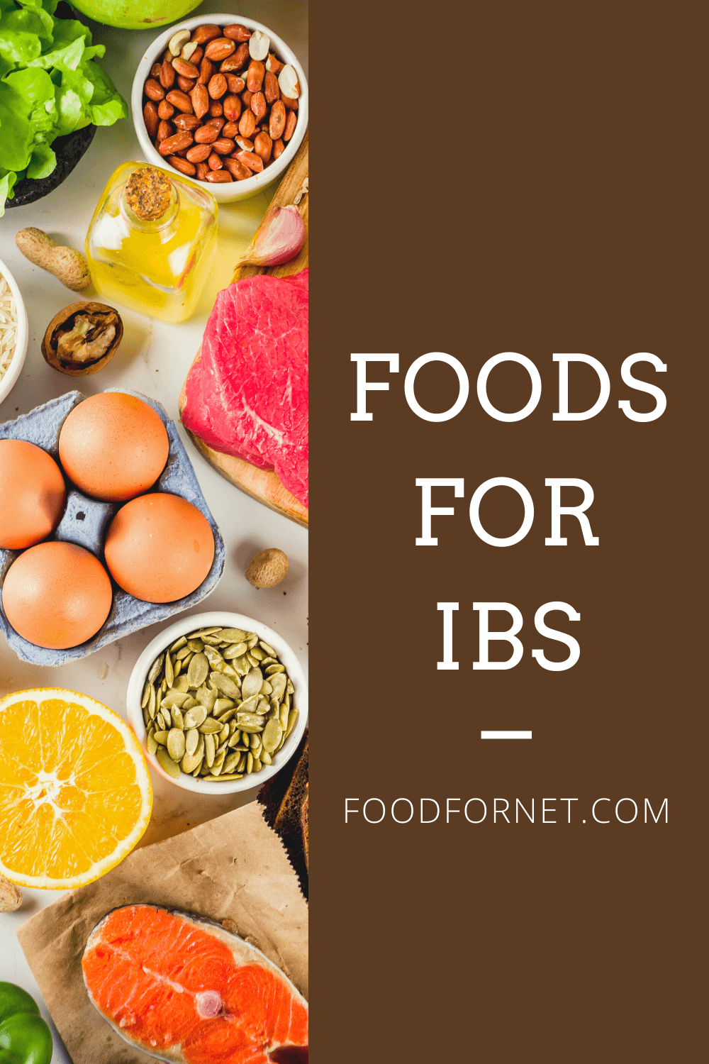 Foods For IBS. A selection of IBS friendly foods, including eggs, fish, and oranges