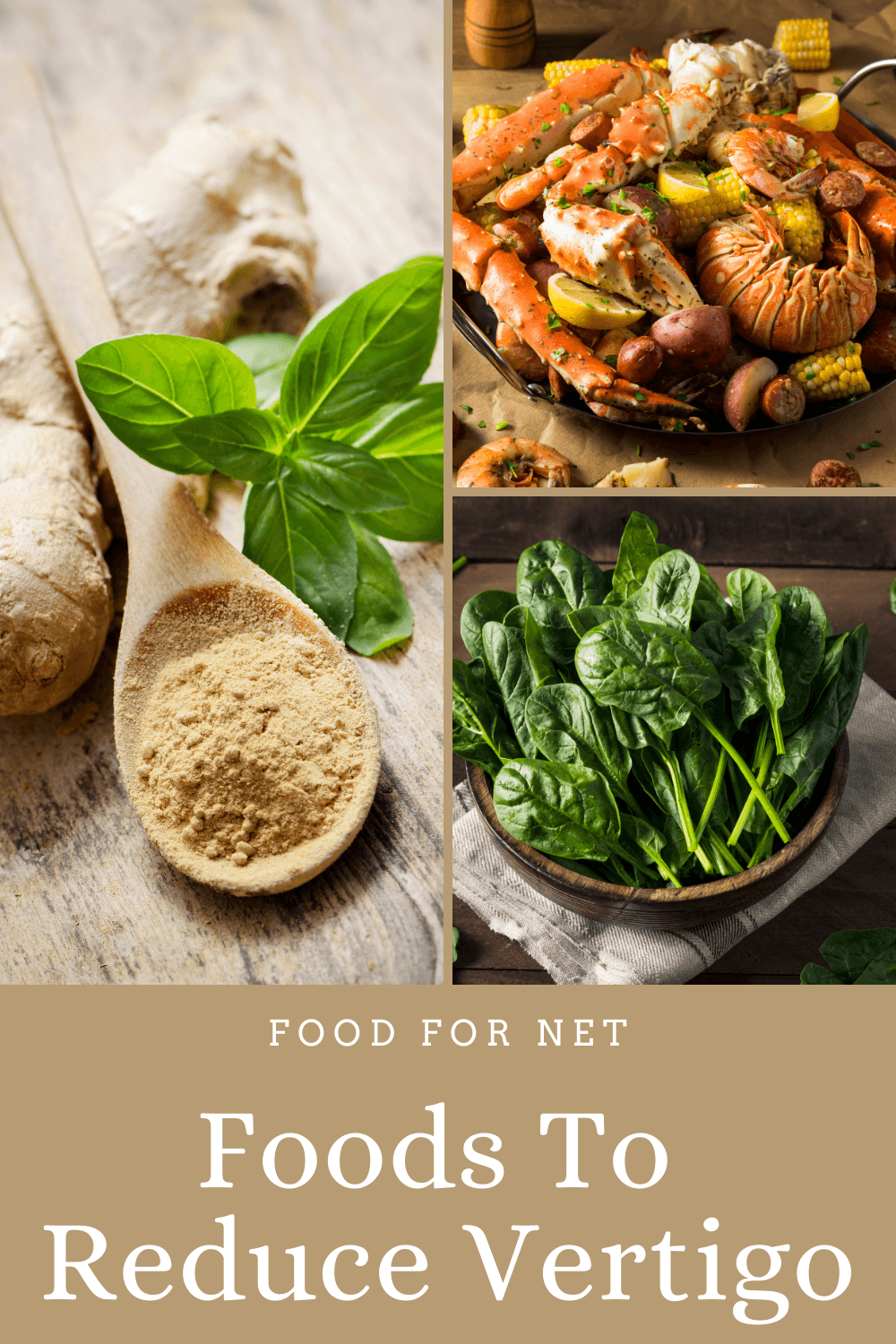 Three types of foods that can help with vertigo, including ginger, seafood, and spinach