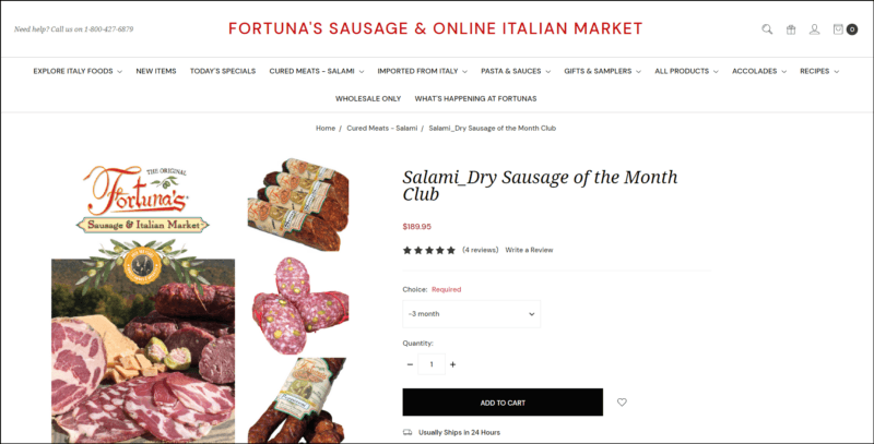 screenshot of Fortuna Sausage Salami_Dry Sausage of the Month Club's web page, mainly white page with the website's name in red font at the very top, followed by the main navigation menu, the page is showing the detail of the club subscription alongside an image of the different sausage products.