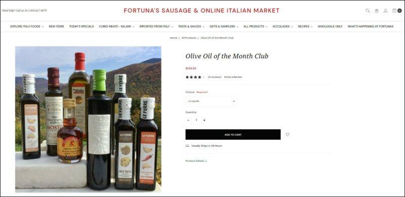 screenshot of Fortuna's Sausage & Italian Market Olive Oil of the Month Club's web page, a dominantly white page with red website's name and the main menu underneath it, the page is showing the details of the subscription plans