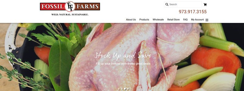 Fossil Farms Website Screenshot showing a raw chicken with veggies