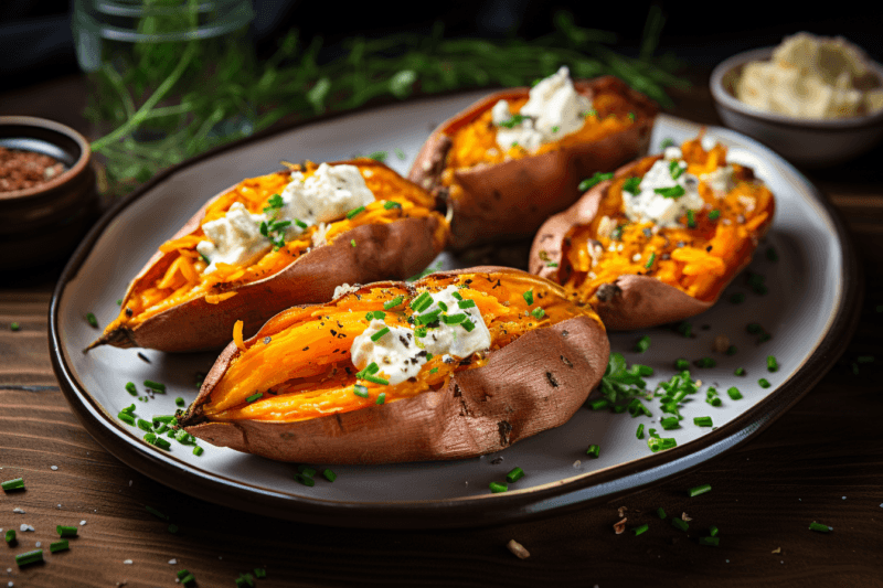 A plate with four baked sweet potatoes in their skin, each with sour cream.