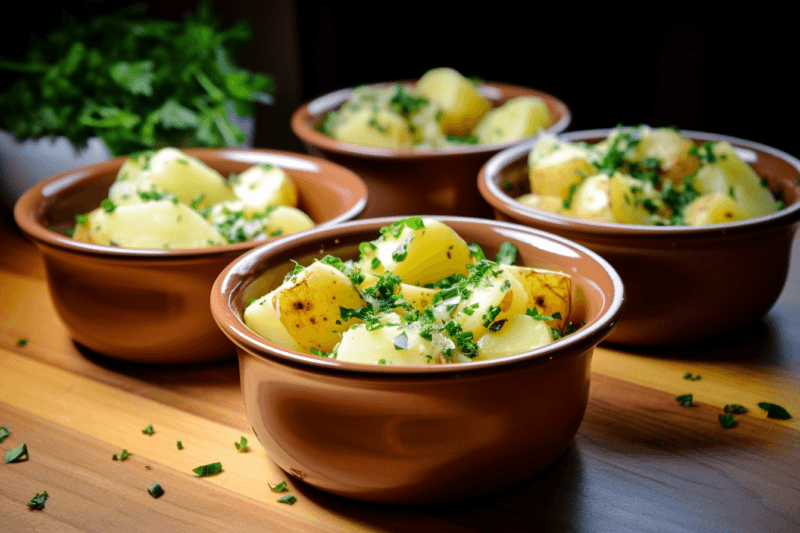 Four brown bowls on a wooden container, each containing garlic potatoes and garnished with greens