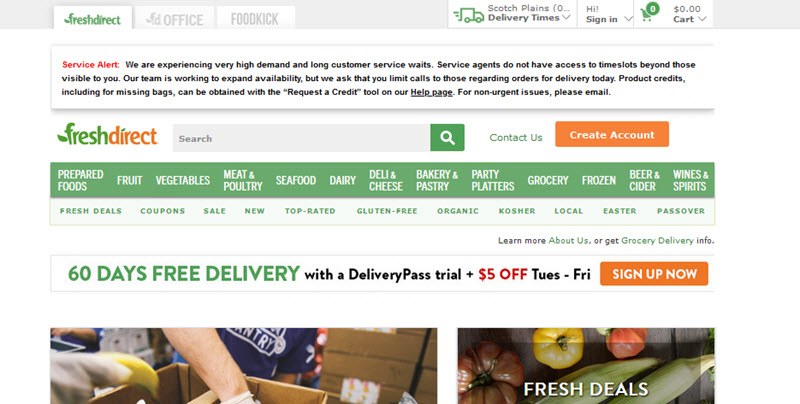 Fresh Direct Website Screenshot showing various menu options and images of food