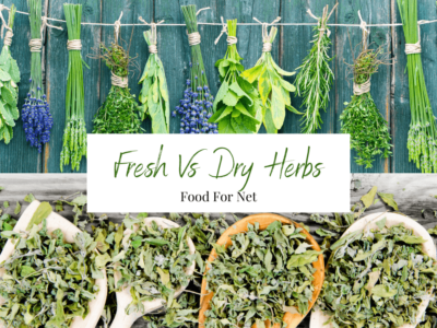 A line of fresh herb bunches hung along a fence, plus dried herbs on spoons, looking at fresh vs dry herbs