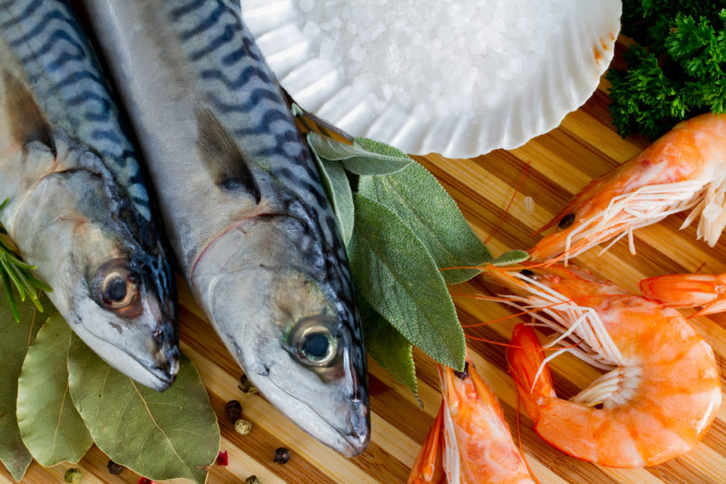 A board with two fresh fish, a shell, and some fresh shrimp