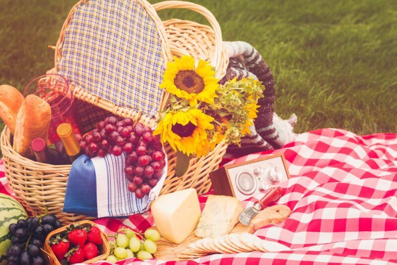 A picnic basket outside on a red and white blanket, with fresh fruit, cheese, and sunflowers