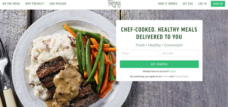 Freshly website screenshot showing a meal that offers potatoes, beef, beans and carrots