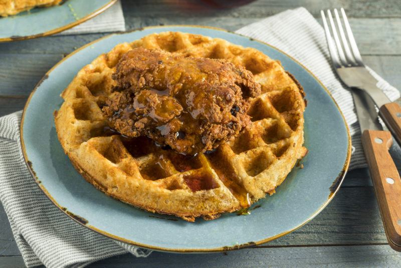 Homemade waffles with fried chicken and syrup