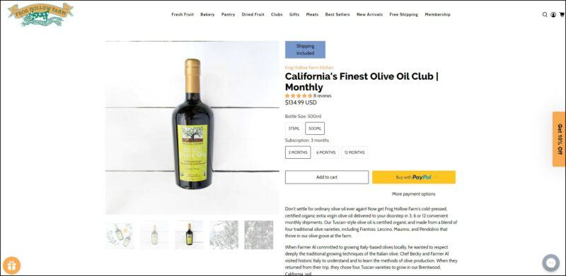 screenshot of Frog Hollow Farm California’s Finest Olive Oil Club's web page, dominantly white with the websites' name on top along with the main header, the page is displaying information about the Oil Club subscription accompanied with an image of a bottle of olive oil