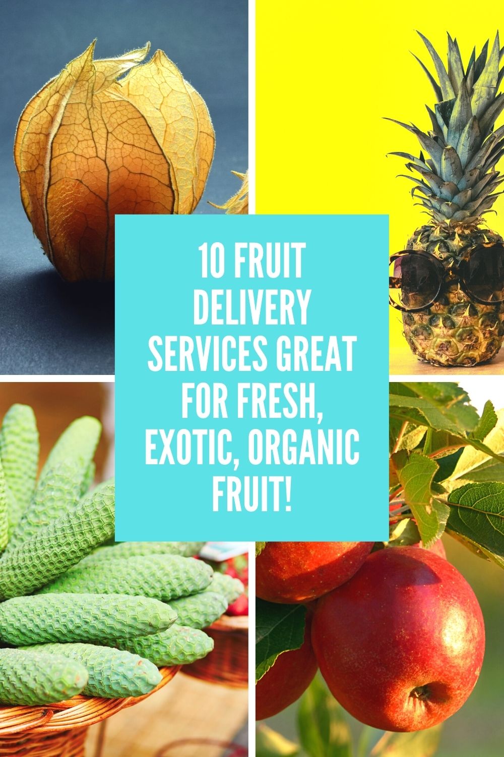 four types of exotic and traditional fruit including pineapple, pichu berry, finger limes, and apples