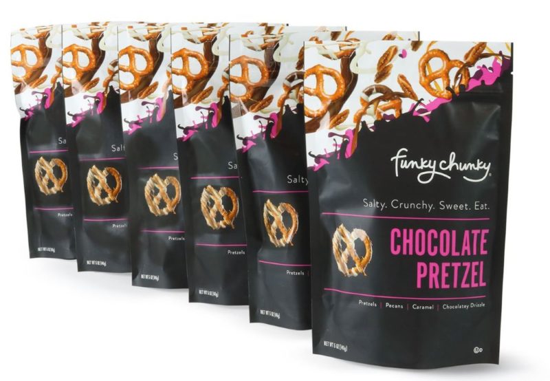 Six bags of chocolate covered pretzels from the company Funky Chunky