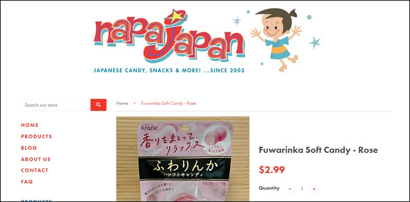 A website screenshot showing Fuwarinka rose candy