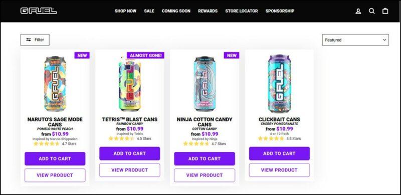 Cans of G Fuel against white on the company's website