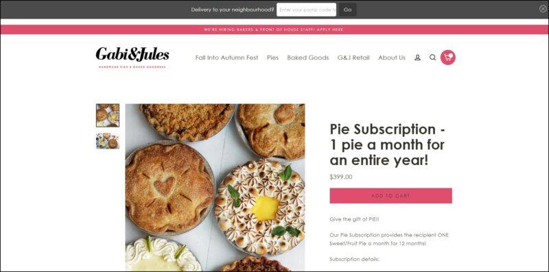 screenshot of Gabi & Jules Pie Subscription's web page, with black and pink announcement bar, dominantly white page with the website's name on top along with the main menu, the page displays an image of different pies along with details of the pie subscription