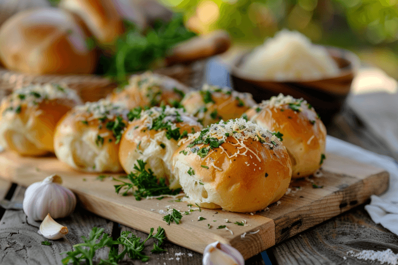 A wooden board with a collection of freshly made garlic rolls, with various ingredients in the background, including parmesan cheese or something similar.