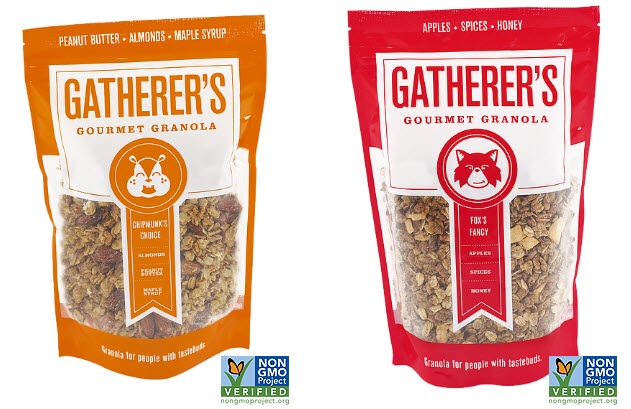 Gatherer’s Granola | Food For Net 2 bags of granola, one yellow and one red.