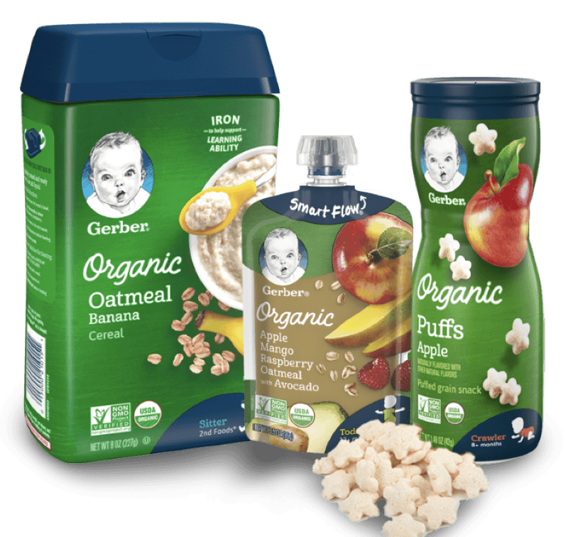 Three gerber products, from left to right, organic oatmeal banana, organic apple mango raspberry oatmeal with avocado, and organic puffs apple flavor