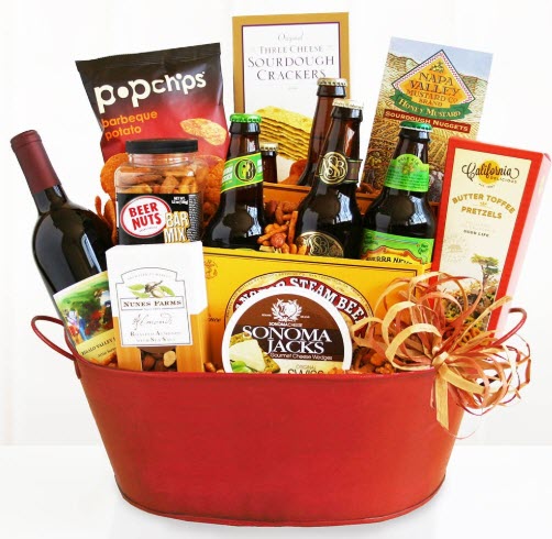 Get The Party Started Gift Basket | Food For Net Red basket with wine, beer and casual snacks