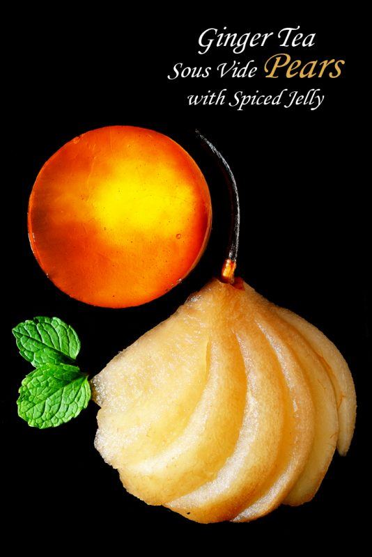 A sliced pear cooked using sous vide next to spiced jelly