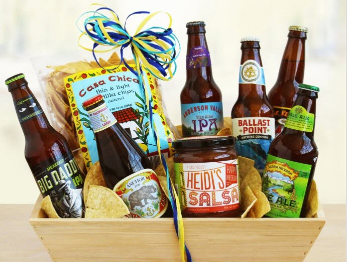 Selection of beers, tortilla chips and salsa. 